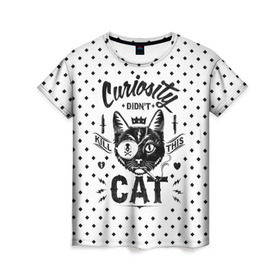Женская футболка 3D с принтом Curiosity Cat в Новосибирске, 100% полиэфир ( синтетическое хлопкоподобное полотно) | прямой крой, круглый вырез горловины, длина до линии бедер | animal | beast | cat | feline | gangsta | kill | king | kitty | meow | nature | гангстер | животное | зверь | король | кот | котенок | котик | кошка | мяу | природа