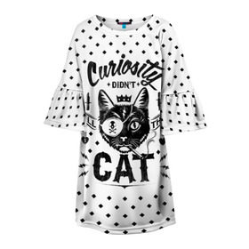 Детское платье 3D с принтом Curiosity Cat в Новосибирске, 100% полиэстер | прямой силуэт, чуть расширенный к низу. Круглая горловина, на рукавах — воланы | animal | beast | cat | feline | gangsta | kill | king | kitty | meow | nature | гангстер | животное | зверь | король | кот | котенок | котик | кошка | мяу | природа