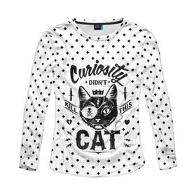 Женский лонгслив 3D с принтом Curiosity Cat в Новосибирске, 100% полиэстер | длинные рукава, круглый вырез горловины, полуприлегающий силуэт | animal | beast | cat | feline | gangsta | kill | king | kitty | meow | nature | гангстер | животное | зверь | король | кот | котенок | котик | кошка | мяу | природа