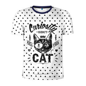 Мужская футболка 3D спортивная с принтом Curiosity Cat в Новосибирске, 100% полиэстер с улучшенными характеристиками | приталенный силуэт, круглая горловина, широкие плечи, сужается к линии бедра | animal | beast | cat | feline | gangsta | kill | king | kitty | meow | nature | гангстер | животное | зверь | король | кот | котенок | котик | кошка | мяу | природа