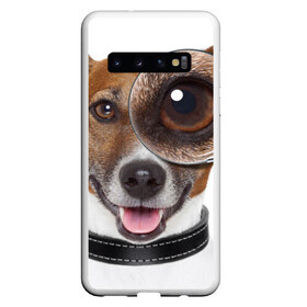 Чехол для Samsung Galaxy S10 с принтом Джек рассел с лупой в Новосибирске, Силикон | Область печати: задняя сторона чехла, без боковых панелей | волкодав | дворняжка | джек | джек рассел | домашние животные | любимец | мопс | овчарка | пес | песик | питомец | рассел | сенбернар | собака | собачка