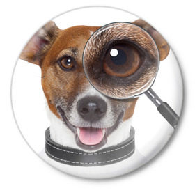 Значок с принтом Джек рассел с лупой в Новосибирске,  металл | круглая форма, металлическая застежка в виде булавки | волкодав | дворняжка | джек | джек рассел | домашние животные | любимец | мопс | овчарка | пес | песик | питомец | рассел | сенбернар | собака | собачка