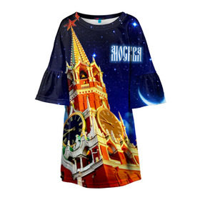 Детское платье 3D с принтом Москва в Новосибирске, 100% полиэстер | прямой силуэт, чуть расширенный к низу. Круглая горловина, на рукавах — воланы | Тематика изображения на принте: кремль | небо | ночь