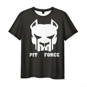 Мужская футболка 3D с принтом Pit Force в Новосибирске, 100% полиэфир | прямой крой, круглый вырез горловины, длина до линии бедер | pit force | белый | боец | друг человека | животные | питбуль | порода | собака | цвет | чёрный