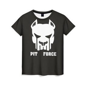 Женская футболка 3D с принтом Pit Force в Новосибирске, 100% полиэфир ( синтетическое хлопкоподобное полотно) | прямой крой, круглый вырез горловины, длина до линии бедер | Тематика изображения на принте: pit force | белый | боец | друг человека | животные | питбуль | порода | собака | цвет | чёрный