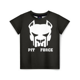 Детская футболка 3D с принтом Pit Force в Новосибирске, 100% гипоаллергенный полиэфир | прямой крой, круглый вырез горловины, длина до линии бедер, чуть спущенное плечо, ткань немного тянется | pit force | белый | боец | друг человека | животные | питбуль | порода | собака | цвет | чёрный
