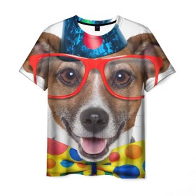 Мужская футболка 3D с принтом Джек рассел - клоун в Новосибирске, 100% полиэфир | прямой крой, круглый вырез горловины, длина до линии бедер | волкодав | дворняжка | джек | джек рассел | домашние животные | любимец | мопс | овчарка | пес | песик | питомец | рассел | сенбернар | собака | собачка