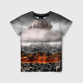 Детская футболка 3D с принтом Атомный взрыв в Новосибирске, 100% гипоаллергенный полиэфир | прямой крой, круглый вырез горловины, длина до линии бедер, чуть спущенное плечо, ткань немного тянется | Тематика изображения на принте: city | earth | explosion | heaven | mushroom | nuclear | атомный | взрыв | город | гриб | земля | небо