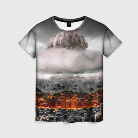 Женская футболка 3D с принтом Атомный взрыв в Новосибирске, 100% полиэфир ( синтетическое хлопкоподобное полотно) | прямой крой, круглый вырез горловины, длина до линии бедер | city | earth | explosion | heaven | mushroom | nuclear | атомный | взрыв | город | гриб | земля | небо