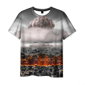 Мужская футболка 3D с принтом Атомный взрыв в Новосибирске, 100% полиэфир | прямой крой, круглый вырез горловины, длина до линии бедер | Тематика изображения на принте: city | earth | explosion | heaven | mushroom | nuclear | атомный | взрыв | город | гриб | земля | небо