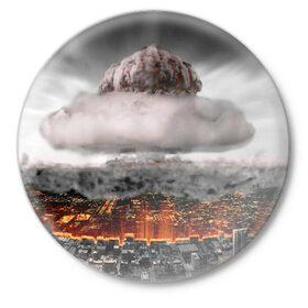 Значок с принтом Атомный взрыв в Новосибирске,  металл | круглая форма, металлическая застежка в виде булавки | Тематика изображения на принте: city | earth | explosion | heaven | mushroom | nuclear | атомный | взрыв | город | гриб | земля | небо