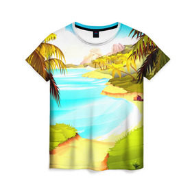 Женская футболка 3D с принтом Тропический остров в Новосибирске, 100% полиэфир ( синтетическое хлопкоподобное полотно) | прямой крой, круглый вырез горловины, длина до линии бедер | jungle | деревья | джунгли | зелень | кусты | лес | лодки | мох | океан | пальмы | пляж | тропики | экзотика