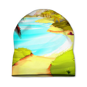 Шапка 3D с принтом Тропический остров в Новосибирске, 100% полиэстер | универсальный размер, печать по всей поверхности изделия | Тематика изображения на принте: jungle | деревья | джунгли | зелень | кусты | лес | лодки | мох | океан | пальмы | пляж | тропики | экзотика