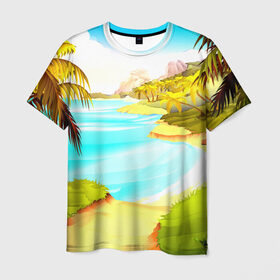 Мужская футболка 3D с принтом Тропический остров в Новосибирске, 100% полиэфир | прямой крой, круглый вырез горловины, длина до линии бедер | Тематика изображения на принте: jungle | деревья | джунгли | зелень | кусты | лес | лодки | мох | океан | пальмы | пляж | тропики | экзотика