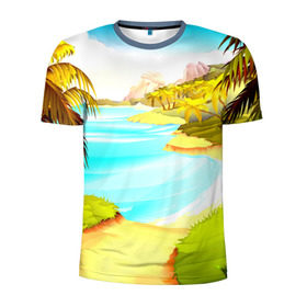 Мужская футболка 3D спортивная с принтом Тропический остров в Новосибирске, 100% полиэстер с улучшенными характеристиками | приталенный силуэт, круглая горловина, широкие плечи, сужается к линии бедра | jungle | деревья | джунгли | зелень | кусты | лес | лодки | мох | океан | пальмы | пляж | тропики | экзотика