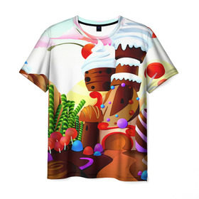 Мужская футболка 3D с принтом Candy Town в Новосибирске, 100% полиэфир | прямой крой, круглый вырез горловины, длина до линии бедер | конфеты | пирожные | сладости | яркий