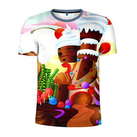 Мужская футболка 3D спортивная с принтом Candy Town в Новосибирске, 100% полиэстер с улучшенными характеристиками | приталенный силуэт, круглая горловина, широкие плечи, сужается к линии бедра | конфеты | пирожные | сладости | яркий