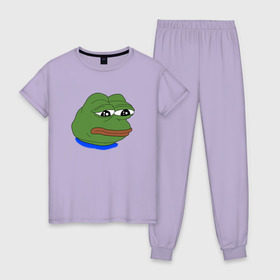 Женская пижама хлопок с принтом SAD FROG в Новосибирске, 100% хлопок | брюки и футболка прямого кроя, без карманов, на брюках мягкая резинка на поясе и по низу штанин | meme | pepe frog | pepe the frog | sad frog | грустная лягушка | мем