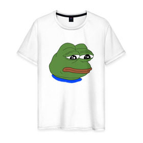 Мужская футболка хлопок с принтом SAD FROG в Новосибирске, 100% хлопок | прямой крой, круглый вырез горловины, длина до линии бедер, слегка спущенное плечо. | Тематика изображения на принте: meme | pepe frog | pepe the frog | sad frog | грустная лягушка | мем