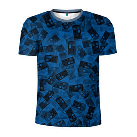Мужская футболка 3D спортивная с принтом Будки Тардис в Новосибирске, 100% полиэстер с улучшенными характеристиками | приталенный силуэт, круглая горловина, широкие плечи, сужается к линии бедра | Тематика изображения на принте: doctor | tardis | who | доктор | кто | машина времени | паттерн | синий | туалет