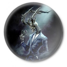 Значок с принтом Скелетон в Новосибирске,  металл | круглая форма, металлическая застежка в виде булавки | Тематика изображения на принте: костюм | рога | скелет | череп