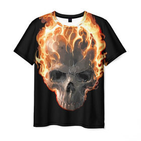 Мужская футболка 3D с принтом Череп в огне в Новосибирске, 100% полиэфир | прямой крой, круглый вырез горловины, длина до линии бедер | background | black | death | fire | flame | skeleton | skull | огонь | пламя | скелет | фон | череп | черный