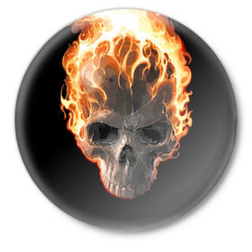 Значок с принтом Череп в огне в Новосибирске,  металл | круглая форма, металлическая застежка в виде булавки | background | black | death | fire | flame | skeleton | skull | огонь | пламя | скелет | фон | череп | черный