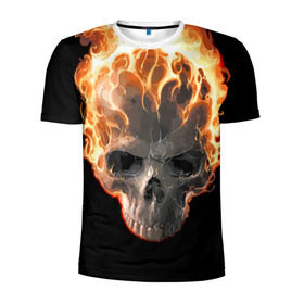 Мужская футболка 3D спортивная с принтом Череп в огне в Новосибирске, 100% полиэстер с улучшенными характеристиками | приталенный силуэт, круглая горловина, широкие плечи, сужается к линии бедра | Тематика изображения на принте: background | black | death | fire | flame | skeleton | skull | огонь | пламя | скелет | фон | череп | черный