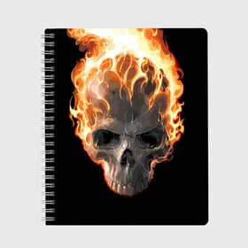 Тетрадь с принтом Череп в огне в Новосибирске, 100% бумага | 48 листов, плотность листов — 60 г/м2, плотность картонной обложки — 250 г/м2. Листы скреплены сбоку удобной пружинной спиралью. Уголки страниц и обложки скругленные. Цвет линий — светло-серый
 | background | black | death | fire | flame | skeleton | skull | огонь | пламя | скелет | фон | череп | черный