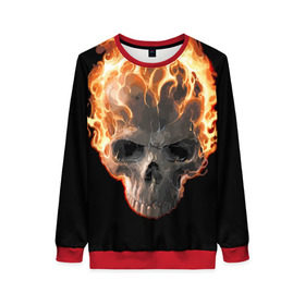 Женский свитшот 3D с принтом Череп в огне в Новосибирске, 100% полиэстер с мягким внутренним слоем | круглый вырез горловины, мягкая резинка на манжетах и поясе, свободная посадка по фигуре | background | black | death | fire | flame | skeleton | skull | огонь | пламя | скелет | фон | череп | черный