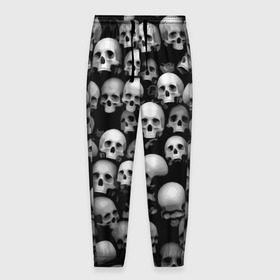 Мужские брюки 3D с принтом Черепа в Новосибирске, 100% полиэстер | манжеты по низу, эластичный пояс регулируется шнурком, по бокам два кармана без застежек, внутренняя часть кармана из мелкой сетки | background | black | death | skeletons | skull | скелеты | фон | черепа | черный
