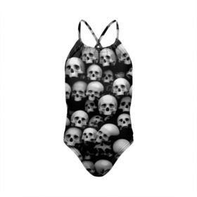 Детский купальник 3D с принтом Черепа в Новосибирске, Полиэстер 85%, Спандекс 15% | Слитный крой, подклад по переду изделия, узкие бретели | Тематика изображения на принте: background | black | death | skeletons | skull | скелеты | фон | черепа | черный
