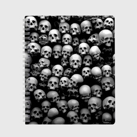 Тетрадь с принтом Черепа в Новосибирске, 100% бумага | 48 листов, плотность листов — 60 г/м2, плотность картонной обложки — 250 г/м2. Листы скреплены сбоку удобной пружинной спиралью. Уголки страниц и обложки скругленные. Цвет линий — светло-серый
 | background | black | death | skeletons | skull | скелеты | фон | черепа | черный