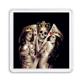 Магнит 55*55 с принтом Скелетоны в Новосибирске, Пластик | Размер: 65*65 мм; Размер печати: 55*55 мм | Тематика изображения на принте: background | black | cards | color | crown | death | game | girl | hearts | king | queen | skeleton | skull | spades | tattoo | девушки | игра | карты | королевы | король | короны | масть | пики | скелет | тату | фон | черви 