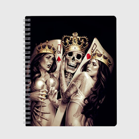 Тетрадь с принтом Скелетоны в Новосибирске, 100% бумага | 48 листов, плотность листов — 60 г/м2, плотность картонной обложки — 250 г/м2. Листы скреплены сбоку удобной пружинной спиралью. Уголки страниц и обложки скругленные. Цвет линий — светло-серый
 | background | black | cards | color | crown | death | game | girl | hearts | king | queen | skeleton | skull | spades | tattoo | девушки | игра | карты | королевы | король | короны | масть | пики | скелет | тату | фон | черви 