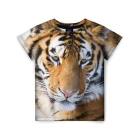 Детская футболка 3D с принтом Тигр в Новосибирске, 100% гипоаллергенный полиэфир | прямой крой, круглый вырез горловины, длина до линии бедер, чуть спущенное плечо, ткань немного тянется | Тематика изображения на принте: амурский | животные | киса | кот | котенок | кошка | пума | рысь | серый | тигр | хищник