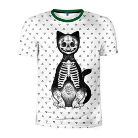 Мужская футболка 3D спортивная с принтом Готический кот в Новосибирске, 100% полиэстер с улучшенными характеристиками | приталенный силуэт, круглая горловина, широкие плечи, сужается к линии бедра | Тематика изображения на принте: bone | cat | death | feline | gothic | hipster | kitty | meow | skelet | skull | tatoo | готика | кости | кот | котенок | котик | кошка | мяу | скелет | тату | хипстер | череп