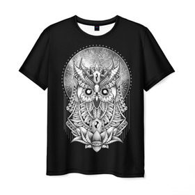 Мужская футболка 3D с принтом Королевская сова в Новосибирске, 100% полиэфир | прямой крой, круглый вырез горловины, длина до линии бедер | bird | forest | moon | nature | night | owl | queen | tatoo | wood | королева | лес | луна | ночь | природа | птица | сова | тату