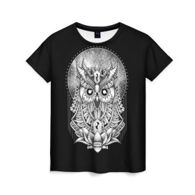 Женская футболка 3D с принтом Королевская сова в Новосибирске, 100% полиэфир ( синтетическое хлопкоподобное полотно) | прямой крой, круглый вырез горловины, длина до линии бедер | bird | forest | moon | nature | night | owl | queen | tatoo | wood | королева | лес | луна | ночь | природа | птица | сова | тату