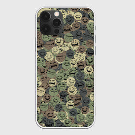 Чехол для iPhone 12 Pro с принтом Камуфляж со злыми смайлами в Новосибирске, силикон | область печати: задняя сторона чехла, без боковых панелей | Тематика изображения на принте: angry | evil | face | peke | smile | yoba | йоба | камуфляж | мем | милитари | пека | смайл | смайлик | хаки