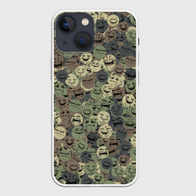Чехол для iPhone 13 mini с принтом Камуфляж со злыми смайлами в Новосибирске,  |  | angry | evil | face | peke | smile | yoba | йоба | камуфляж | мем | милитари | пека | смайл | смайлик | хаки