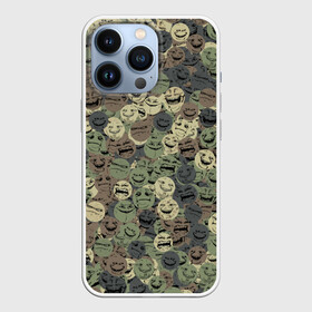 Чехол для iPhone 13 Pro с принтом Камуфляж со злыми смайлами в Новосибирске,  |  | angry | evil | face | peke | smile | yoba | йоба | камуфляж | мем | милитари | пека | смайл | смайлик | хаки
