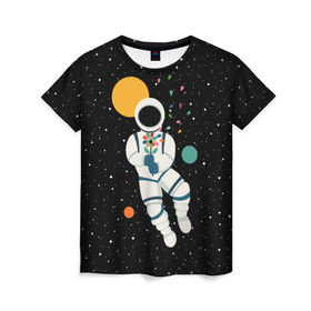 Женская футболка 3D с принтом Космический романтик в Новосибирске, 100% полиэфир ( синтетическое хлопкоподобное полотно) | прямой крой, круглый вырез горловины, длина до линии бедер | astronaut | cosmonaut | cosmos | galaxy | moon | planet | space | star | астронавт | галактика | звезды | космонавт | космос | луна | планета | скафандр
