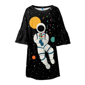 Детское платье 3D с принтом Космический романтик в Новосибирске, 100% полиэстер | прямой силуэт, чуть расширенный к низу. Круглая горловина, на рукавах — воланы | astronaut | cosmonaut | cosmos | galaxy | moon | planet | space | star | астронавт | галактика | звезды | космонавт | космос | луна | планета | скафандр