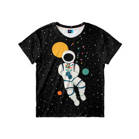 Детская футболка 3D с принтом Космический романтик в Новосибирске, 100% гипоаллергенный полиэфир | прямой крой, круглый вырез горловины, длина до линии бедер, чуть спущенное плечо, ткань немного тянется | astronaut | cosmonaut | cosmos | galaxy | moon | planet | space | star | астронавт | галактика | звезды | космонавт | космос | луна | планета | скафандр