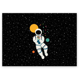 Поздравительная открытка с принтом Космический романтик в Новосибирске, 100% бумага | плотность бумаги 280 г/м2, матовая, на обратной стороне линовка и место для марки
 | astronaut | cosmonaut | cosmos | galaxy | moon | planet | space | star | астронавт | галактика | звезды | космонавт | космос | луна | планета | скафандр