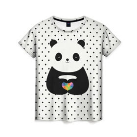 Женская футболка 3D с принтом Любовь панды в Новосибирске, 100% полиэфир ( синтетическое хлопкоподобное полотно) | прямой крой, круглый вырез горловины, длина до линии бедер | animal | bear | beast | forest | heart | love | nature | panda | животное | зверь | лес | любовь | медведь | панда | природа | сердце | страсть