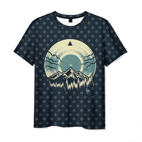 Мужская футболка 3D с принтом Музыка гор в Новосибирске, 100% полиэфир | прямой крой, круглый вырез горловины, длина до линии бедер | forest | melody | mountain | music | nature | retro | sound | vinyl | винил | горы | звук | лес | мелодия | музыка | природа | ретро