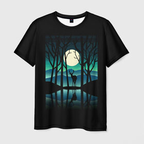 Мужская футболка 3D с принтом Ночная природа в Новосибирске, 100% полиэфир | прямой крой, круглый вырез горловины, длина до линии бедер | forest | lake | moon | nature | night | star | wood | звезды | лес | луна | ночь | озеро | природа
