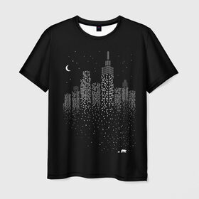 Мужская футболка 3D с принтом Ночной город в Новосибирске, 100% полиэфир | прямой крой, круглый вырез горловины, длина до линии бедер | Тематика изображения на принте: city | dark | galaxy | moon | night | planet | space | town | галактика | город | звезды | космос | луна | ночь | свет | столица | тьма